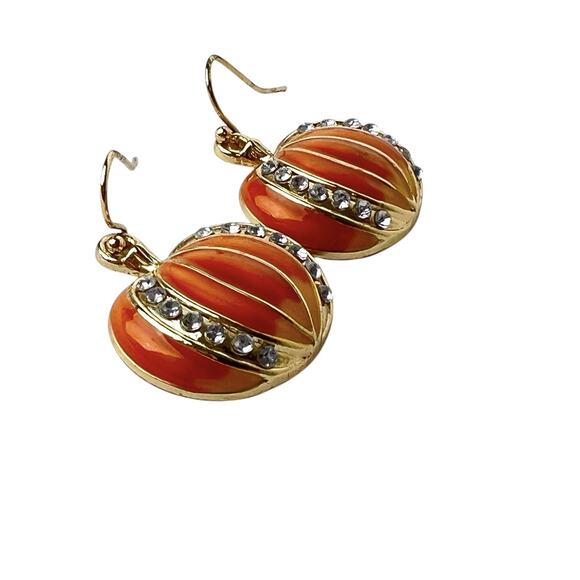 Pumpkin Earrings Orange Enamel Clear Rhinestones Gold Tone Hook Pierced Festive - Picture 3 of 7